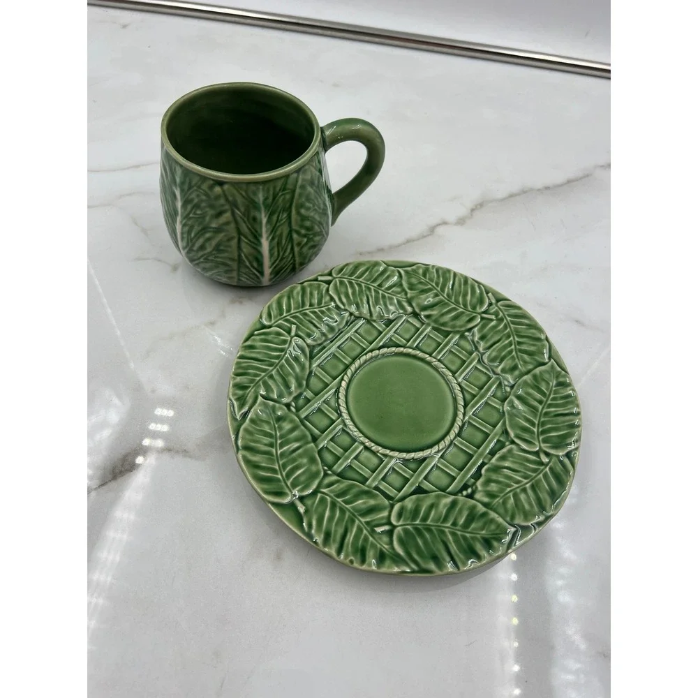Bordallo Pinheiro Cabbage Green Tea Cup and Saucer Set Made in Portugal Ceramic